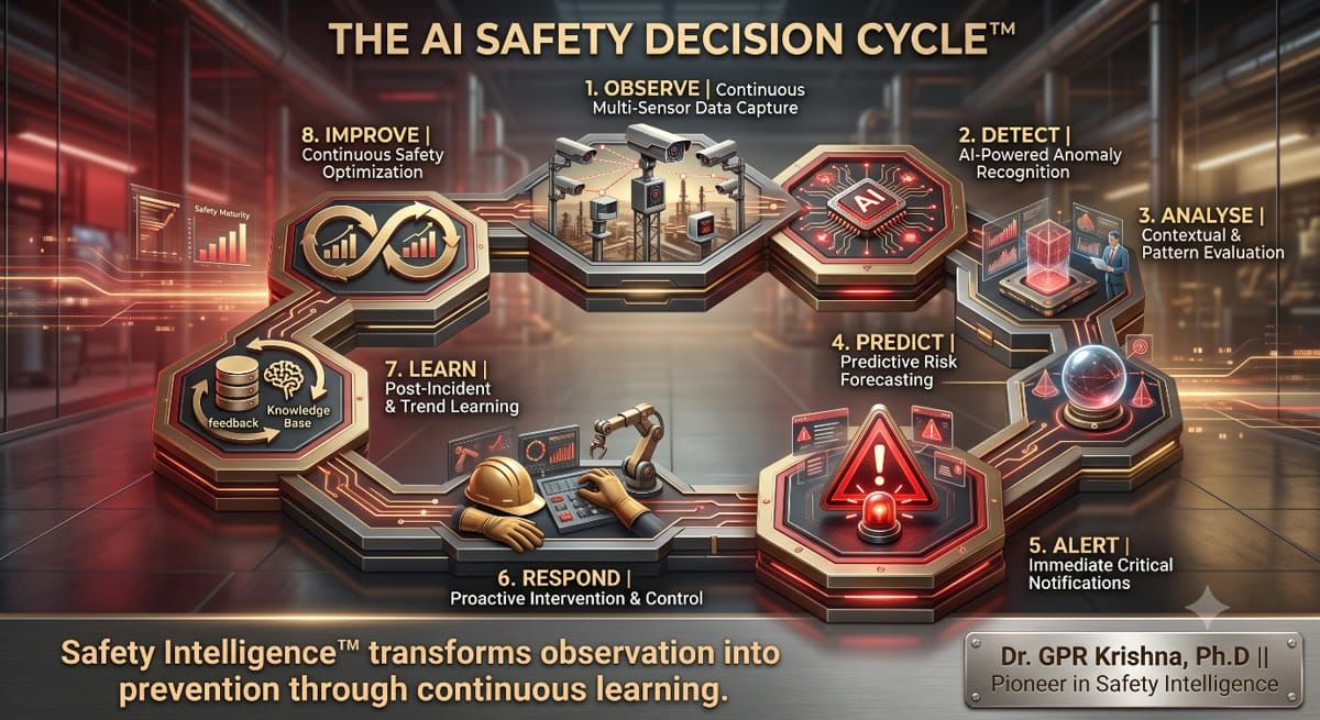 Diagram of the AI Safety Decision Cycle framework showing eight stages: Observe, Detect, Analyse, Predict, Alert, Respond, Learn and Improve