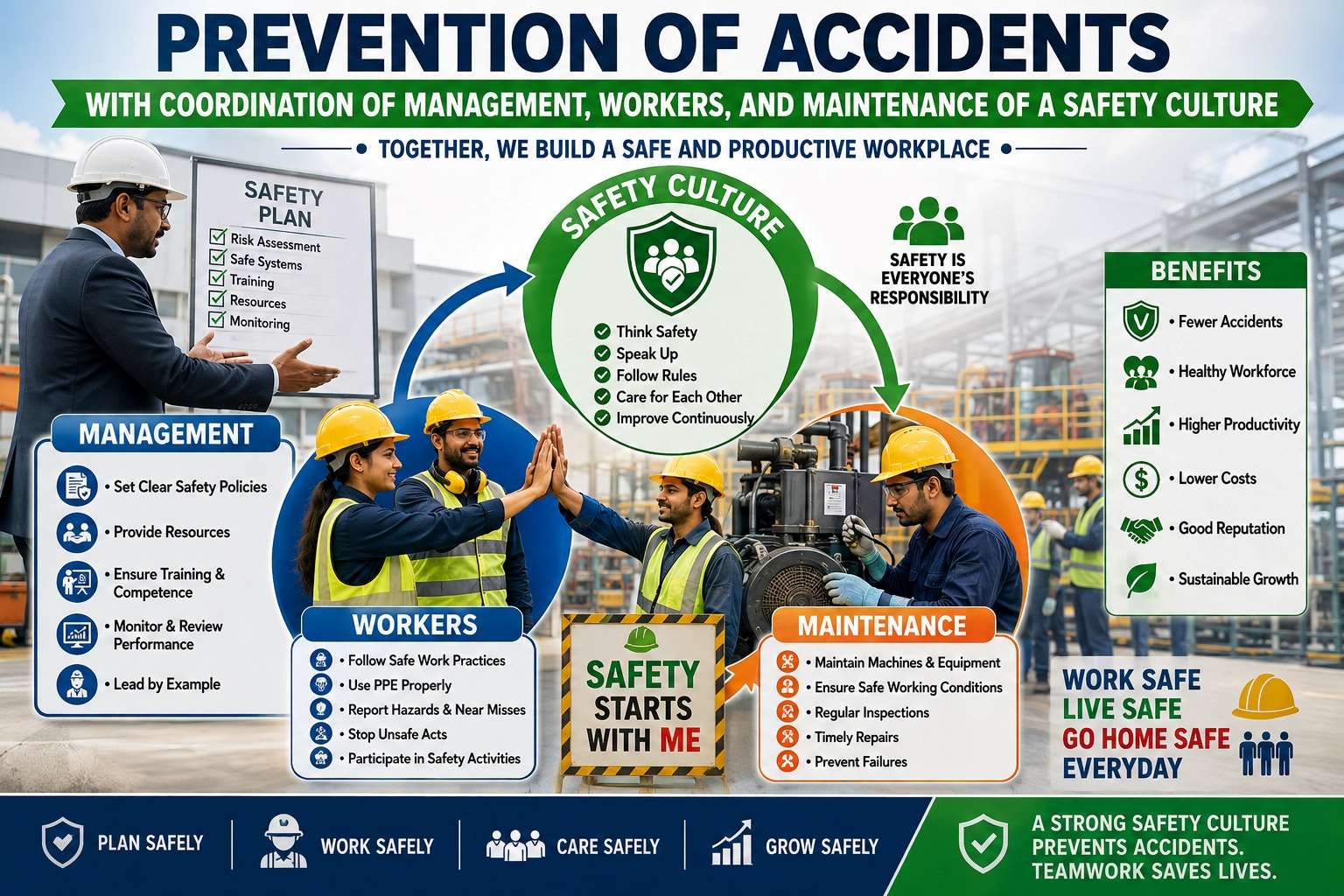 Infographic showing accident prevention through coordination of management, workers and maintenance, built around a shared safety culture