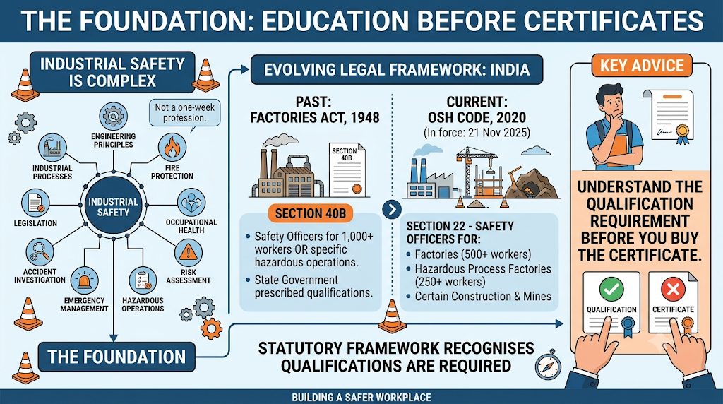 Infographic showing industrial safety is a complex, multi-discipline profession covering engineering principles, industrial processes, fire protection, occupational health, risk assessment and legislation, and India's evolving legal framework from the Factories Act 1948 Section 40B to the OSH Code 2020 Section 22, with the key advice to understand the qualification requirement before buying the certificate