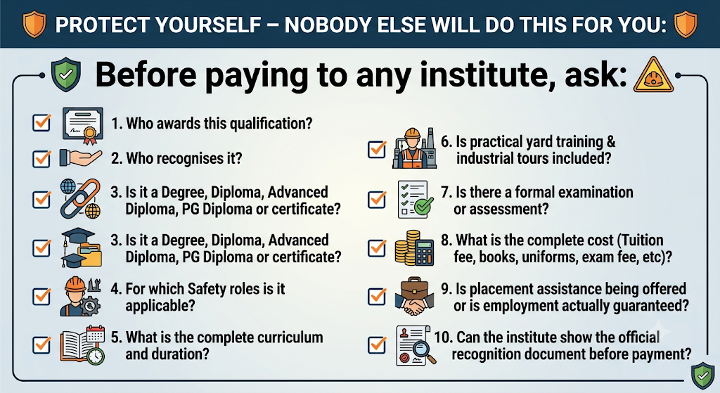 Checklist infographic titled Protect Yourself — Nobody Else Will Do This For You, listing 10 questions to ask any institute before paying: who awards and recognises the qualification, whether it is a degree, diploma, advanced diploma, PG diploma or certificate, which safety roles it applies to, the full curriculum and duration, whether practical yard training and industrial tours are included, whether there is a formal exam, the complete cost, whether placement assistance or guaranteed employment is offered, and whether the institute can show official recognition documents before payment