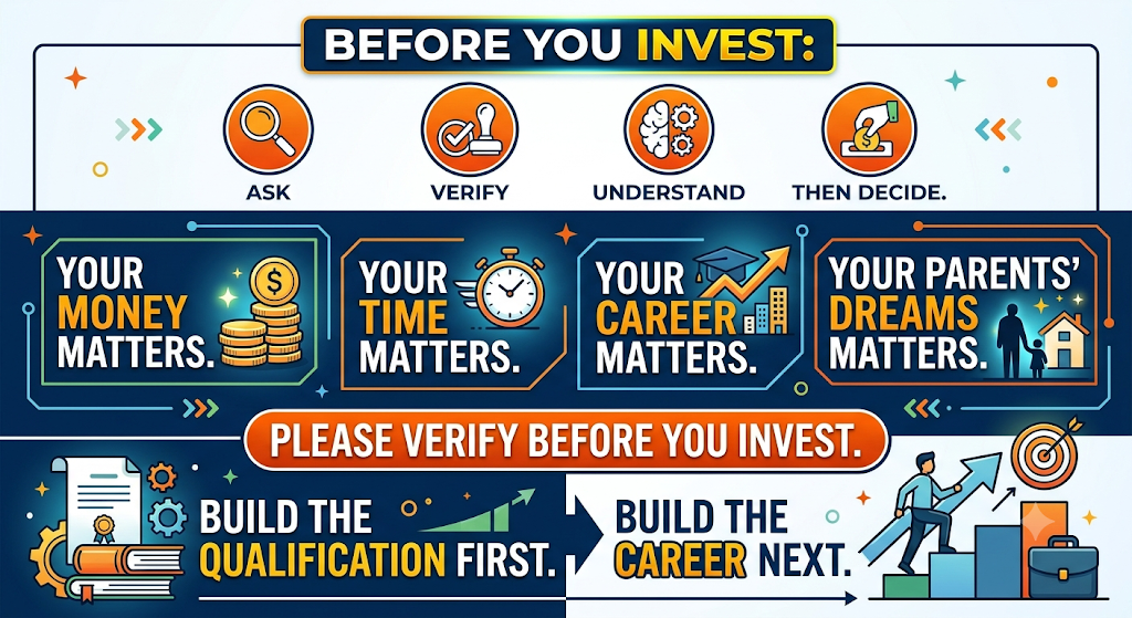 Infographic titled Before You Invest showing four steps — ask, verify, understand, then decide — alongside the reminders that your money, your time, your career and your parents' dreams all matter, ending with the advice to build the qualification first and build the career next