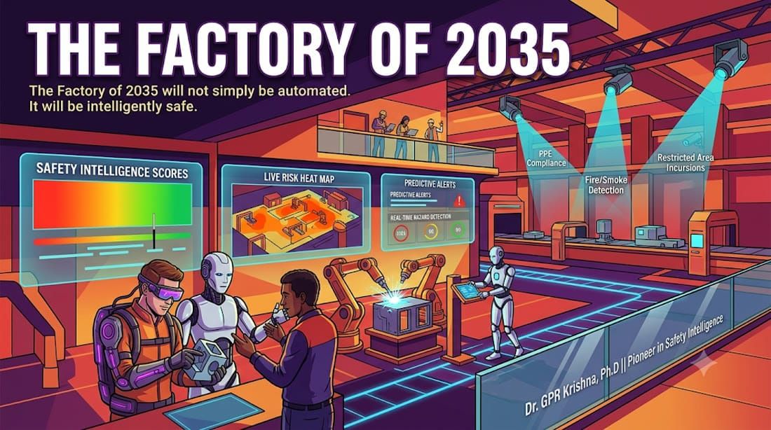 Illustration of the Factory of 2035 with AI-guided workers, robots and predictive fire and safety alerts on digital screens
