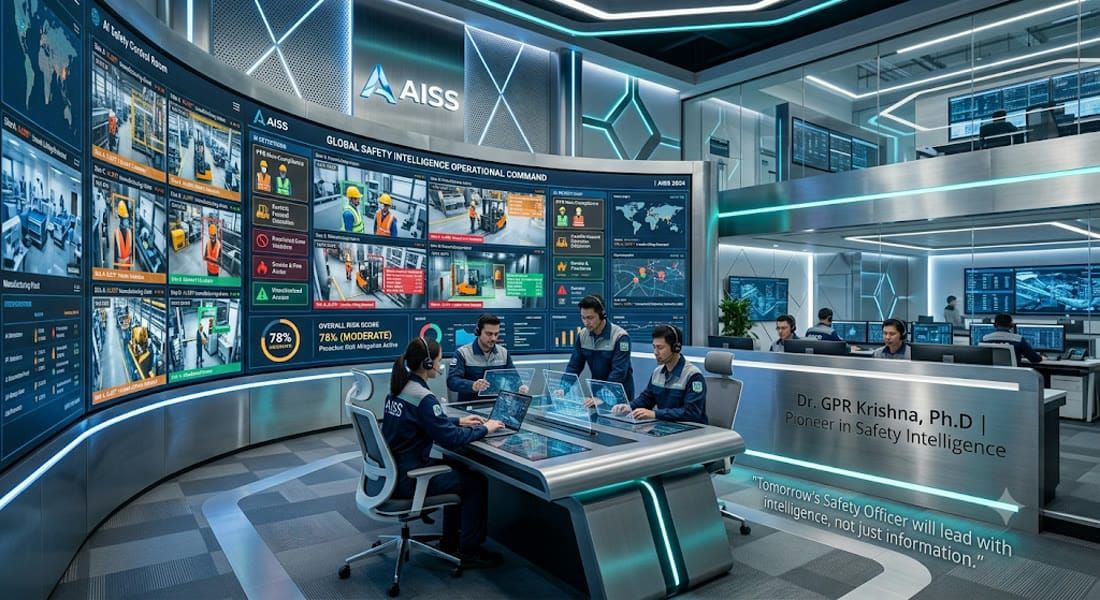 Global Safety Intelligence operational command centre with safety officers monitoring live multi-camera dashboards and risk scores