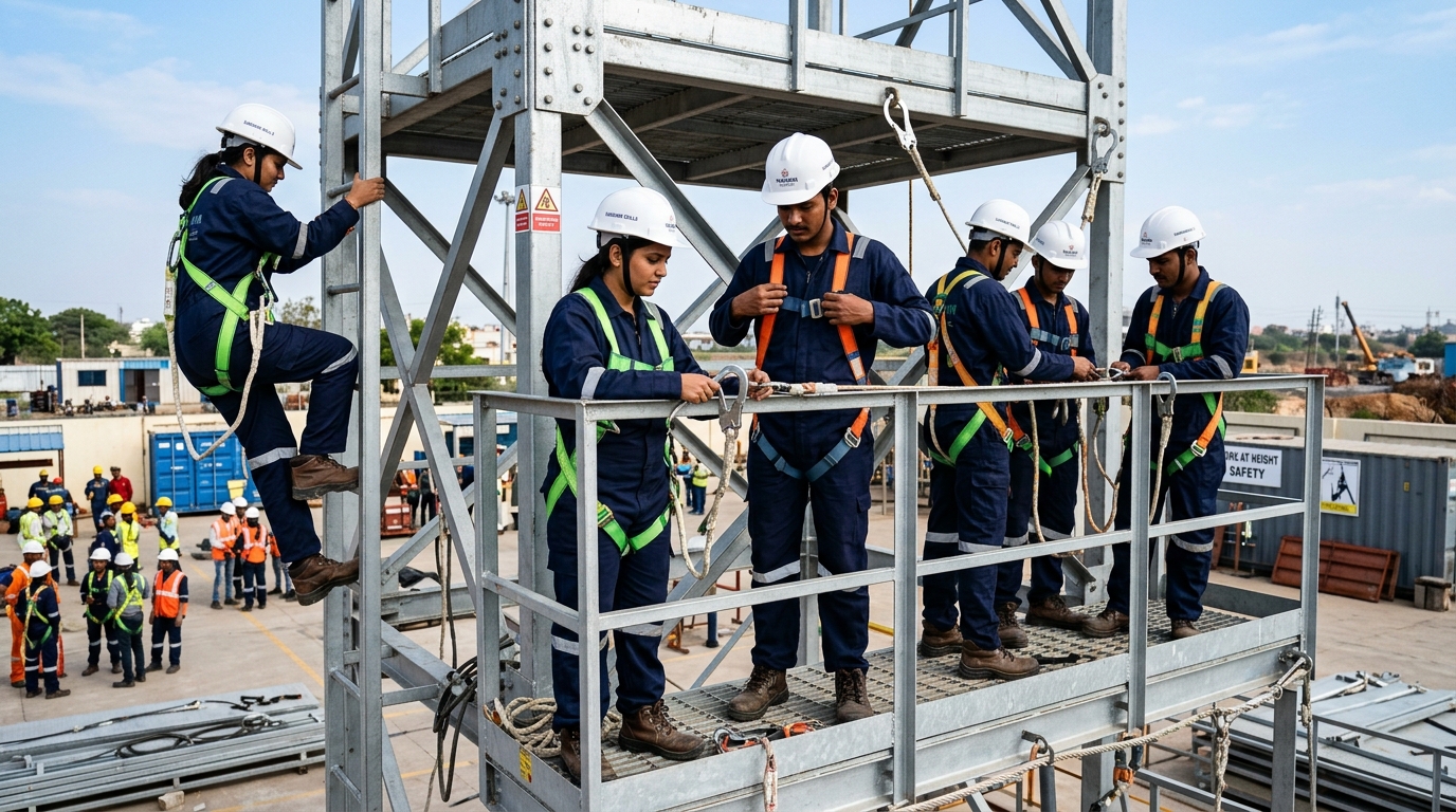 Trainees wearing full-body harness practicing height safety and scaffolding rescue protocols