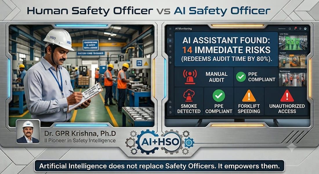 Split-screen comparison of a human safety officer doing a manual audit versus an AI monitoring dashboard flagging 14 immediate risks