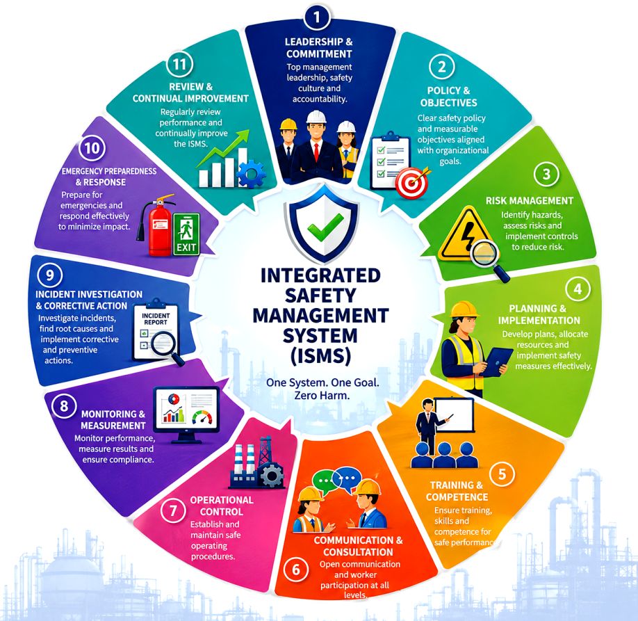 Integrated Safety Management System (ISMS) — 11-component wheel diagram covering leadership, policy, risk management, planning, training, communication, operational control, monitoring, incident investigation, emergency preparedness, and continual improvement