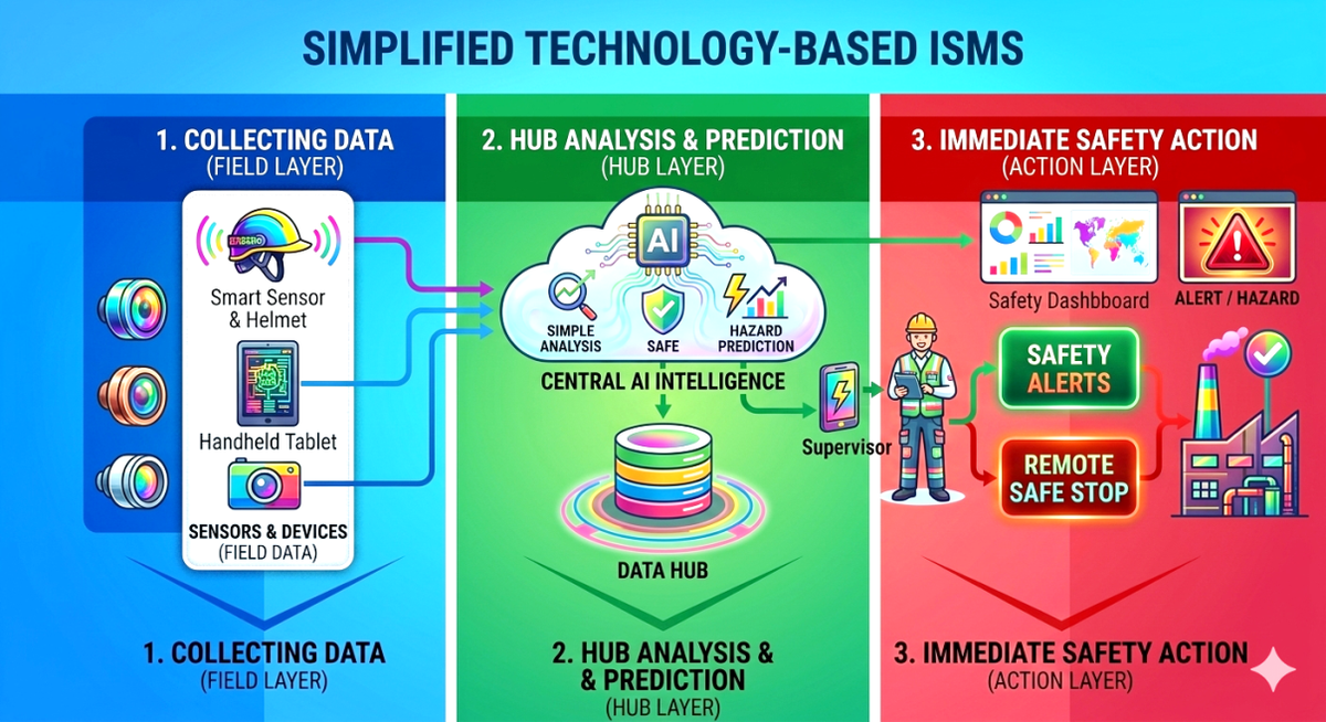 Simplified technology-based ISMS workflow — field layer sensors and smart helmets feeding a central AI hub for analysis and hazard prediction, which triggers safety dashboards, alerts, and remote safe-stop action