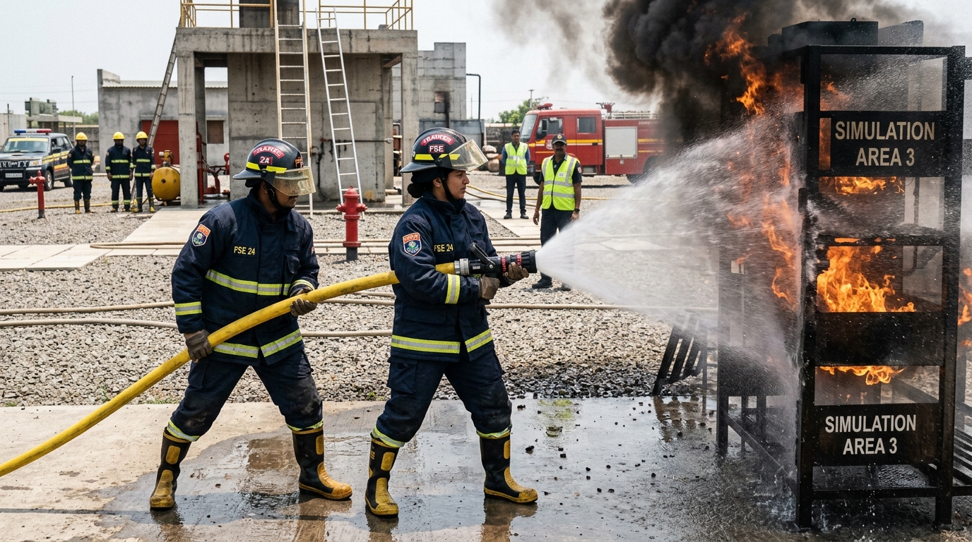Indian students operating high-pressure fire hose during live fire simulation yard training