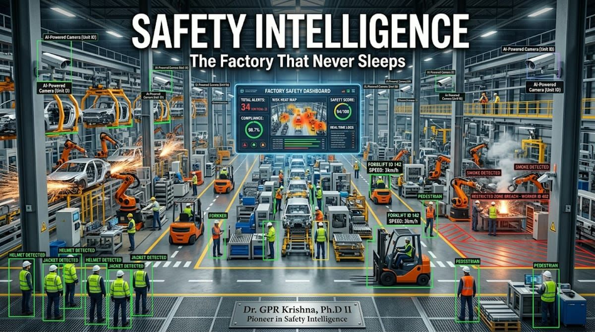 AI-powered computer vision cameras detecting a forklift, welding sparks and an oil spill on a factory floor safety dashboard