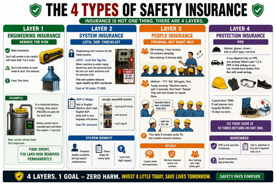 Infographic showing the 4 types of safety insurance: Layer 1 Engineering Insurance to remove the risk at source, Layer 2 System Insurance using LOTO, SOPs and checklists, Layer 3 People Insurance through daily Tell-Tell-Test training, and Layer 4 Protection Insurance using PPE as the last line of defense