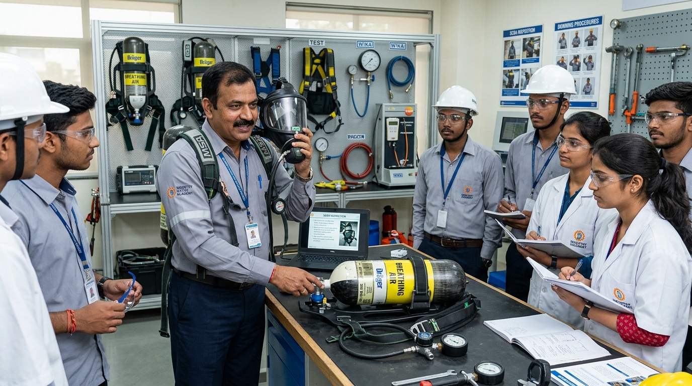 Industrial safety instructor teaching SCBA breathing apparatus inspection to students