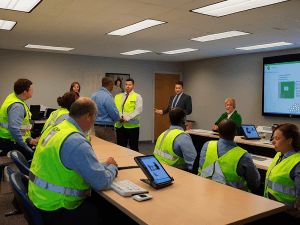Employees in safety training to prevent accidents and ensure compliance
