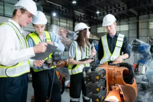 Safety officer conducting risk assessment and equipment audit in an industrial facility