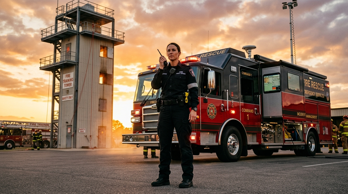 Fire safety officer with mobile command vehicle and training tower